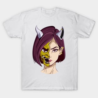 The Oni Masked Beauty 3 - Japanese vector art - T-Shirt